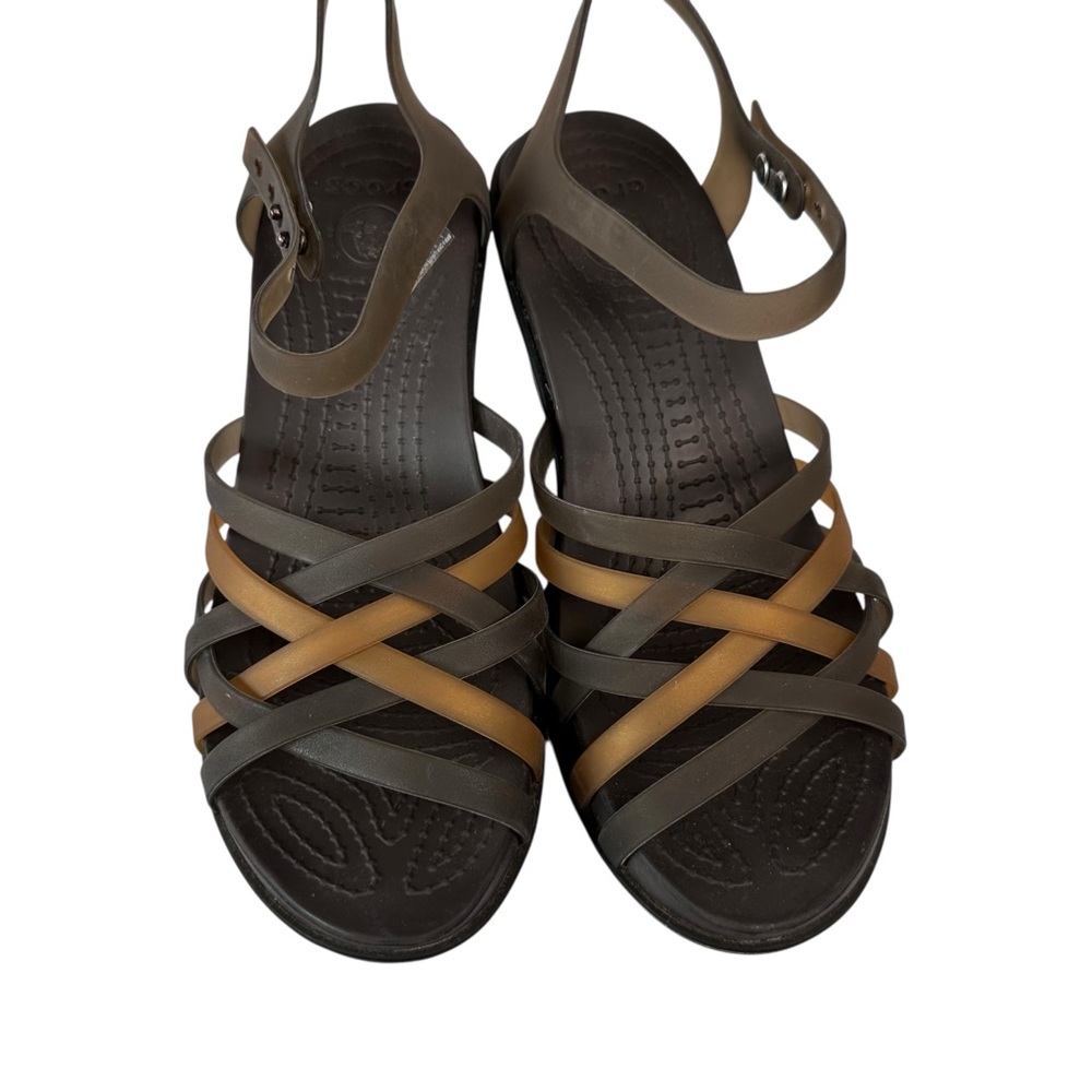 Crocs Huarache Wedge Sandals Brown Gold Strappy Comfort Summer Size 7